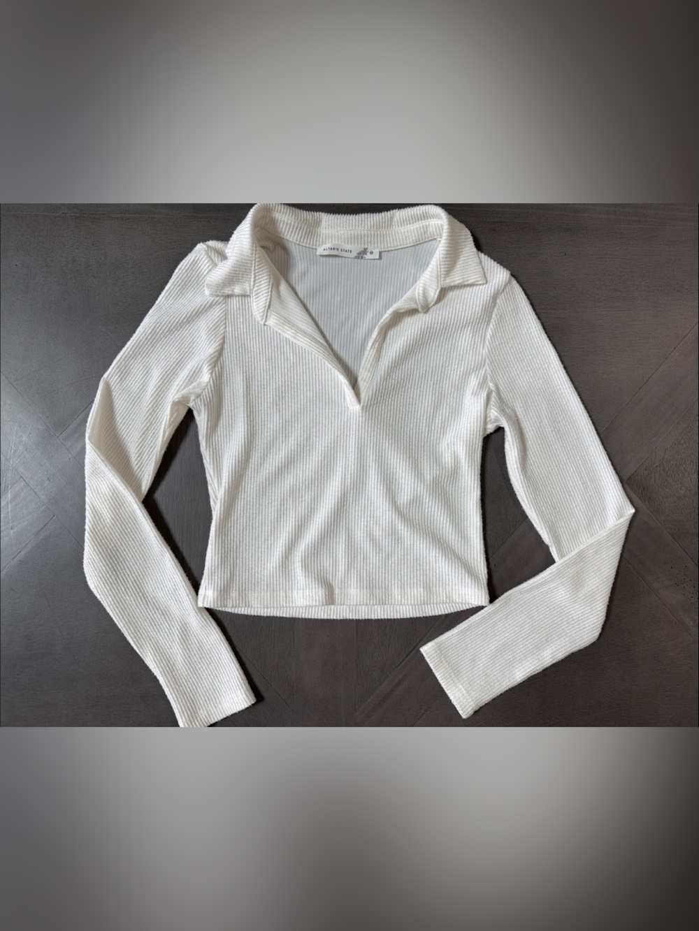 Altar'd State Cream Ribbed Long Sleeve Polo Top